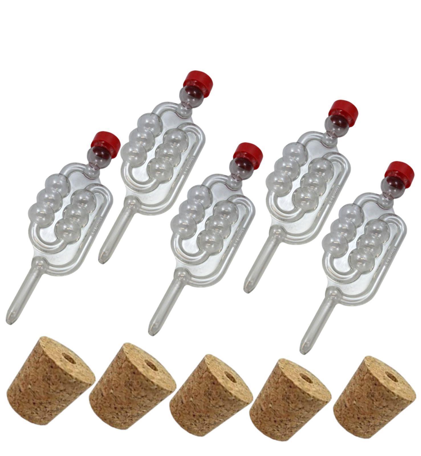 5 x Fermentation Bubbler Airlocks & Bored Cork Bungs Demijohn Homebrew Wine Beer