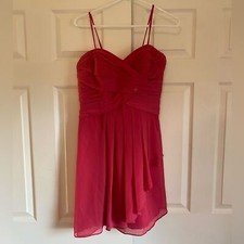 David’s Bridal 10 style F14847 bright pink crinkle chiffon midi dress