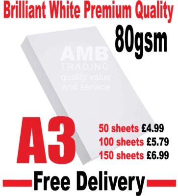 A3 80gsm PREMIUM PAPER INKJET/LASER 2, 50, 100, 150, 200,500 sheets - FREE POST