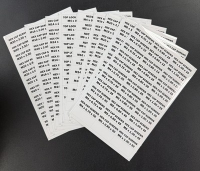 Adhesive Bin Labels Metric Hex Bolts Nuts & Washer White (9 Pages) M4 to M20