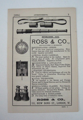 Original antike Werbung für Ross & Co Objektive Kameras Teleskope Mikroskope 1894
