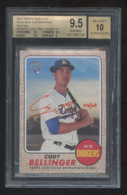 BGS 9.5 *10* AUTO CODY BELLINGER 2017 TOPPS HERITAGE RC AUTOGRAPH RED INKS 04/68
