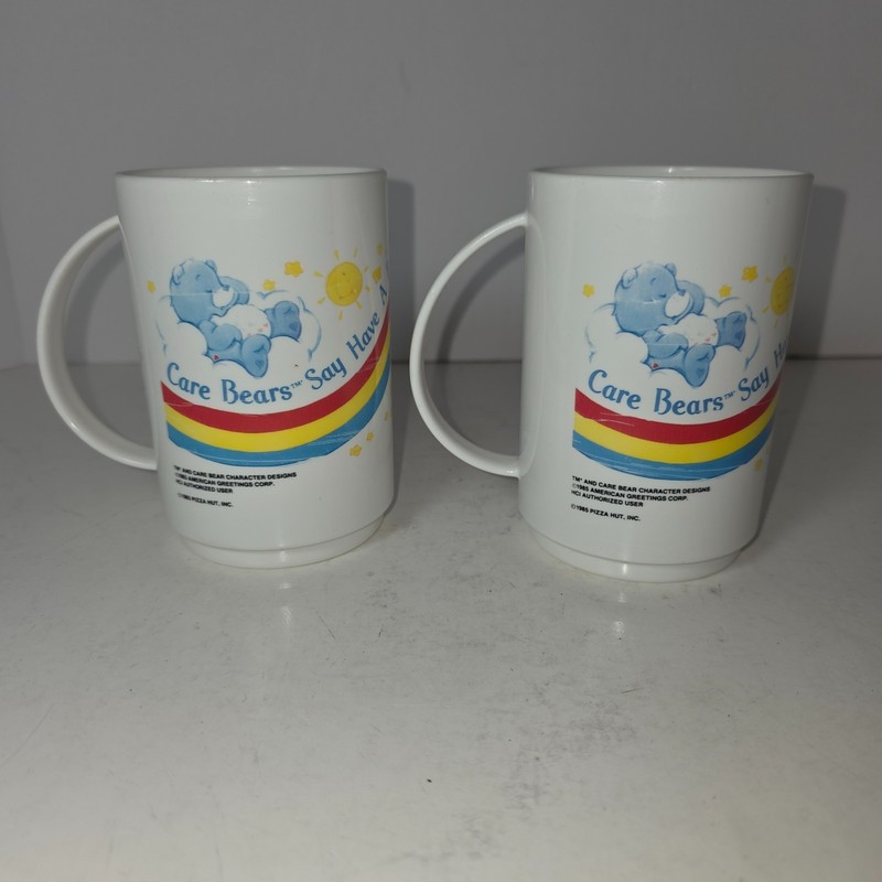 Vintage 1985 Pizza Hut Care Bear Plastic Mugs Set Of 2