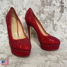 Charlotte Olympia Priscilla Glitter Platform Stiletto Pump in Red