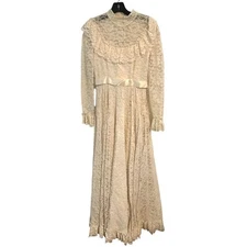 Vintage Gunne Sax? 1970s Full Length Maxi Dress Cream Lace Ruffle S Long Sleeve