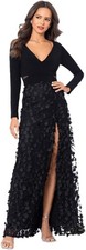 Xscape Women's Long Sleeve V-Neck Floral Skirted Gown, Black,6