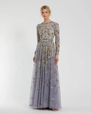 Mac Duggal Embellished High Neck Long Sleeve A Line Gown, Platinum Gold, 12