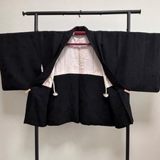Vintage Japanese Black Haori Kimono Floral Pattern 1 Crest from Japan
