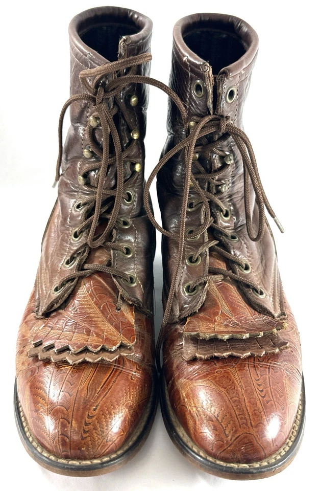 Vintage Laredo Women’s 17691 Lace-Up Kiltie Roper Boots 8M Brown Tooled Leather - Image 3 of 4