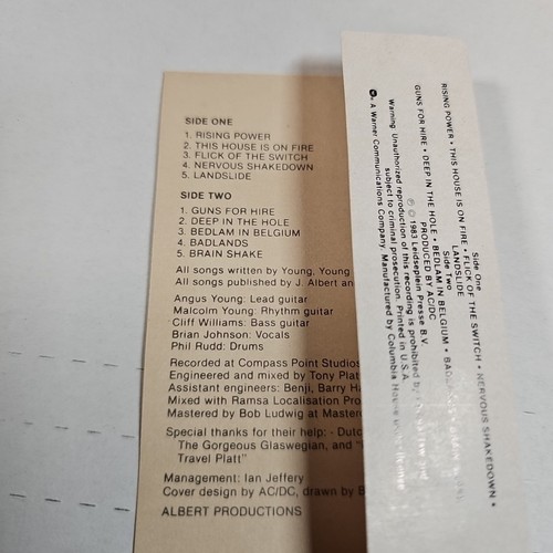 AC/DC Flick of the Switch Cassette 1983 Atlantic Tested - Picture 7 of 9