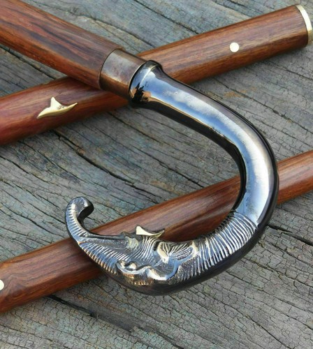 Bastón de madera victoriano con mango de cabeza de elefante de latón estilo vintage - Imagen 2 de 4