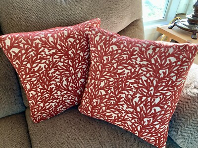 Pair Of Coral Reef Tapestry Throw Pillows Rust Color Velvet Back 18” Square 