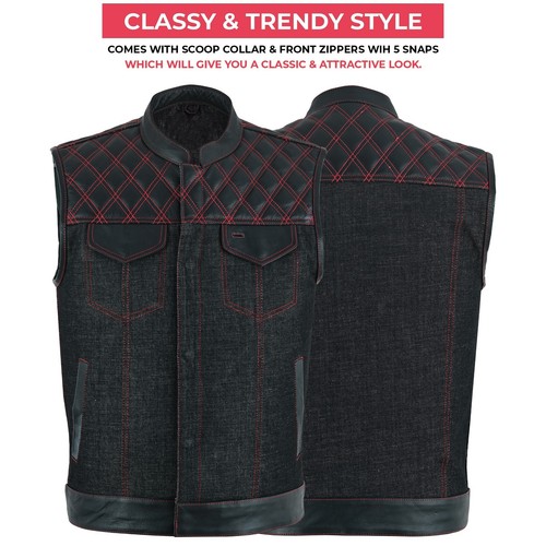 Herren Motorrad Leder Denim Club Style Weste rote Nähte mit Kragen 719 - Bild 7 von 7