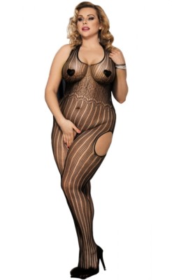 Lau-Fashion Bodystocking Overall Catsuit Schwarz Dessous Fischnetz Offen Nylon