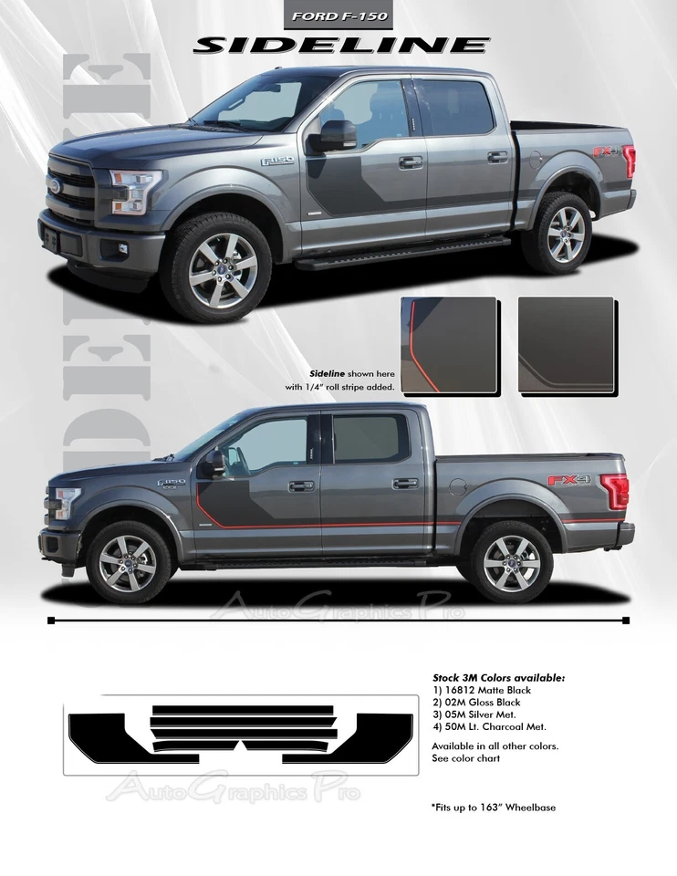 Kit de gráficos de vinilo lateral de hockey SIDELINE 2015-2020 calcomanías rayas para Ford F-150 Foto 4 de 4