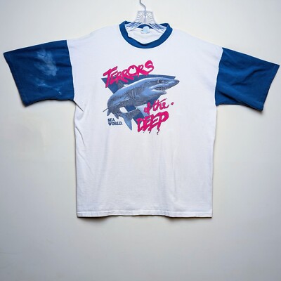 Vintage Sea World Terrors From Deep Great White Shark 90s Ringer Shirt XL