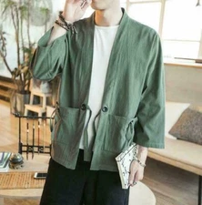 Mens Retro Hanfu Japanese Kimono Cotton Linen Jackets Outwear Robe Coats Fashion