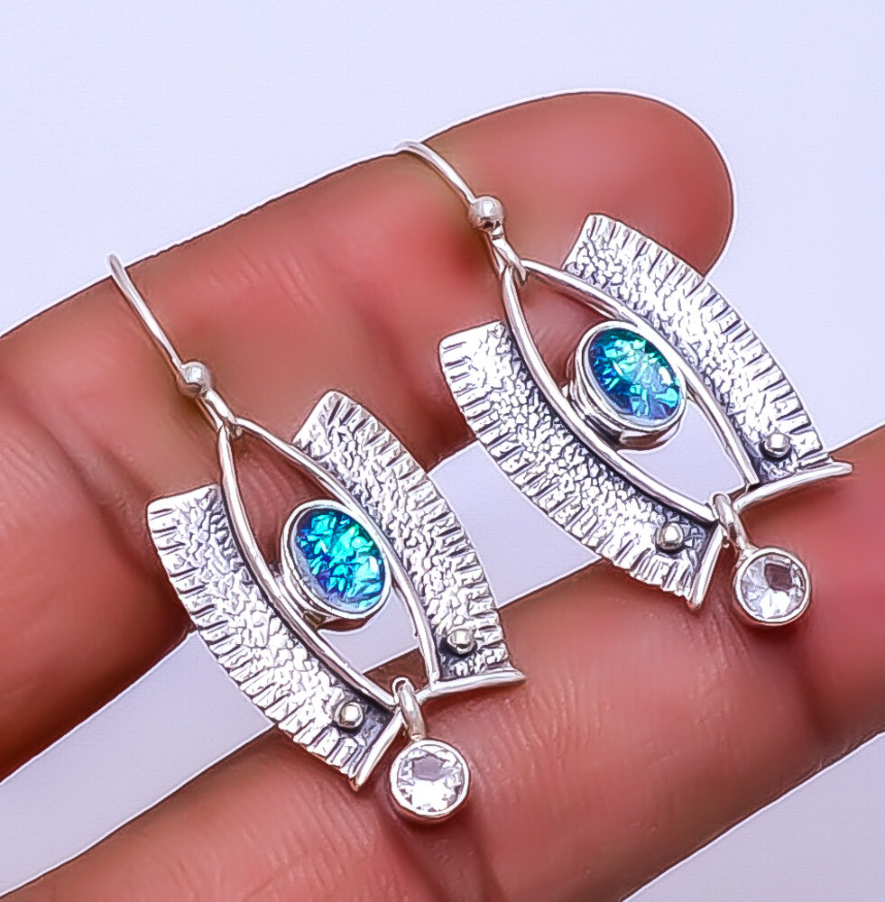 Triplet Opal & White Topaz Designer 925 Sterling Silver Earring 1.56