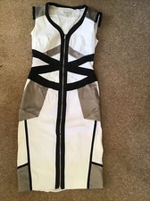 Karen Millen Fitted Bodycon Dress in White, Black & Pewter size 8