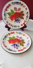 VINTAGE PAIR OF ENAMELWARE GRANITEWARE STENCILED COUNTRY COLORFUL FRUIT PLATES