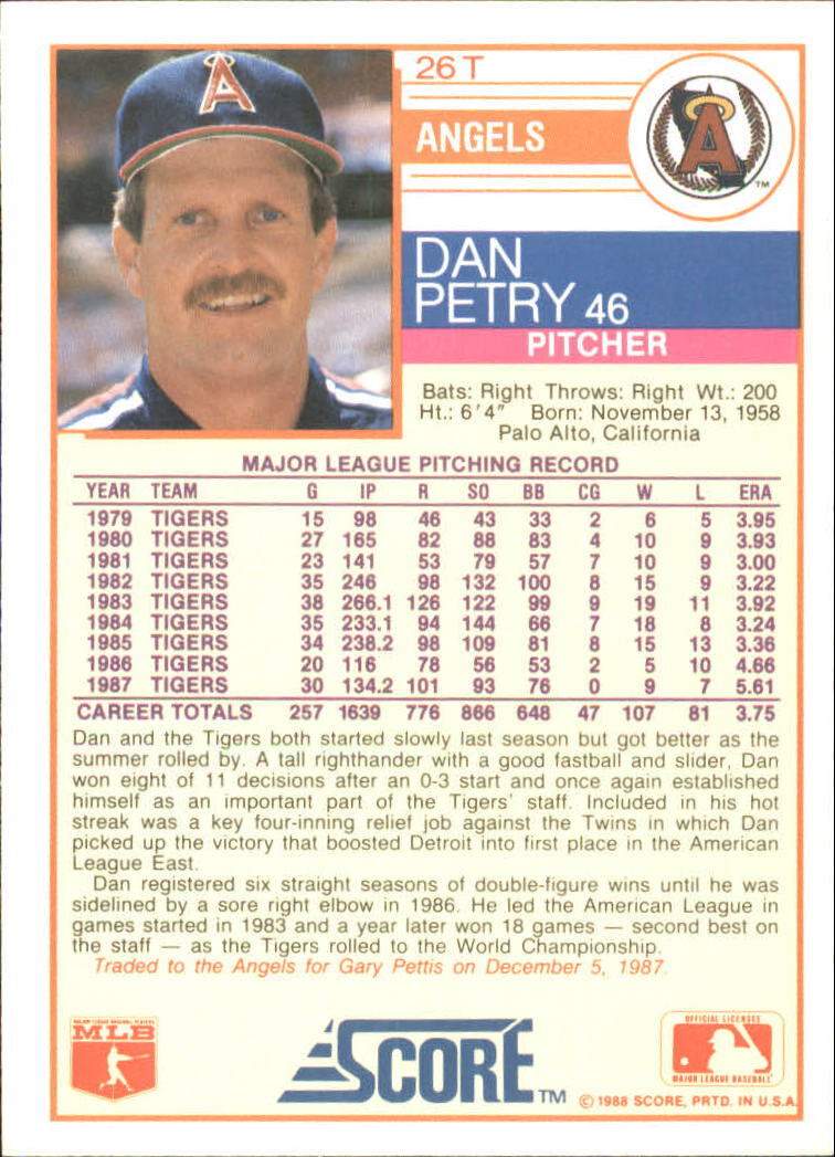 1988 Score Rookie/Traded Baseball Card #26T Dan Petry - Picture 2 of 2