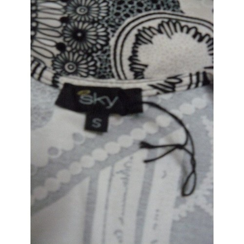 $150 SKY Black Leather Crochet Trim Tan Pleated Blouse Vneck Top Small NEW - Picture 7 of 7
