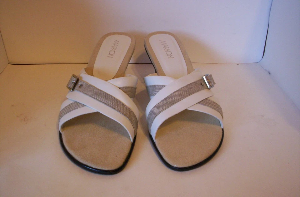 Sandalias para mujer Markon "Bailarina" blancas/beige con punta abierta 9 1/2 M Foto 4 de 4