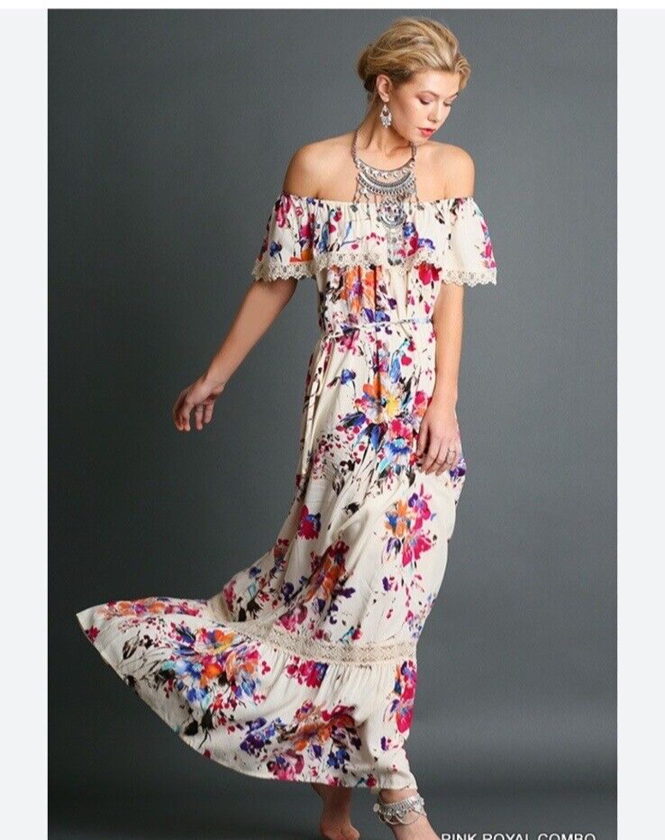 Umgee Maxi Dress Size LARGE Off Shoulder Boho Lace Trim Floral Women's  Vibrant! | eBay