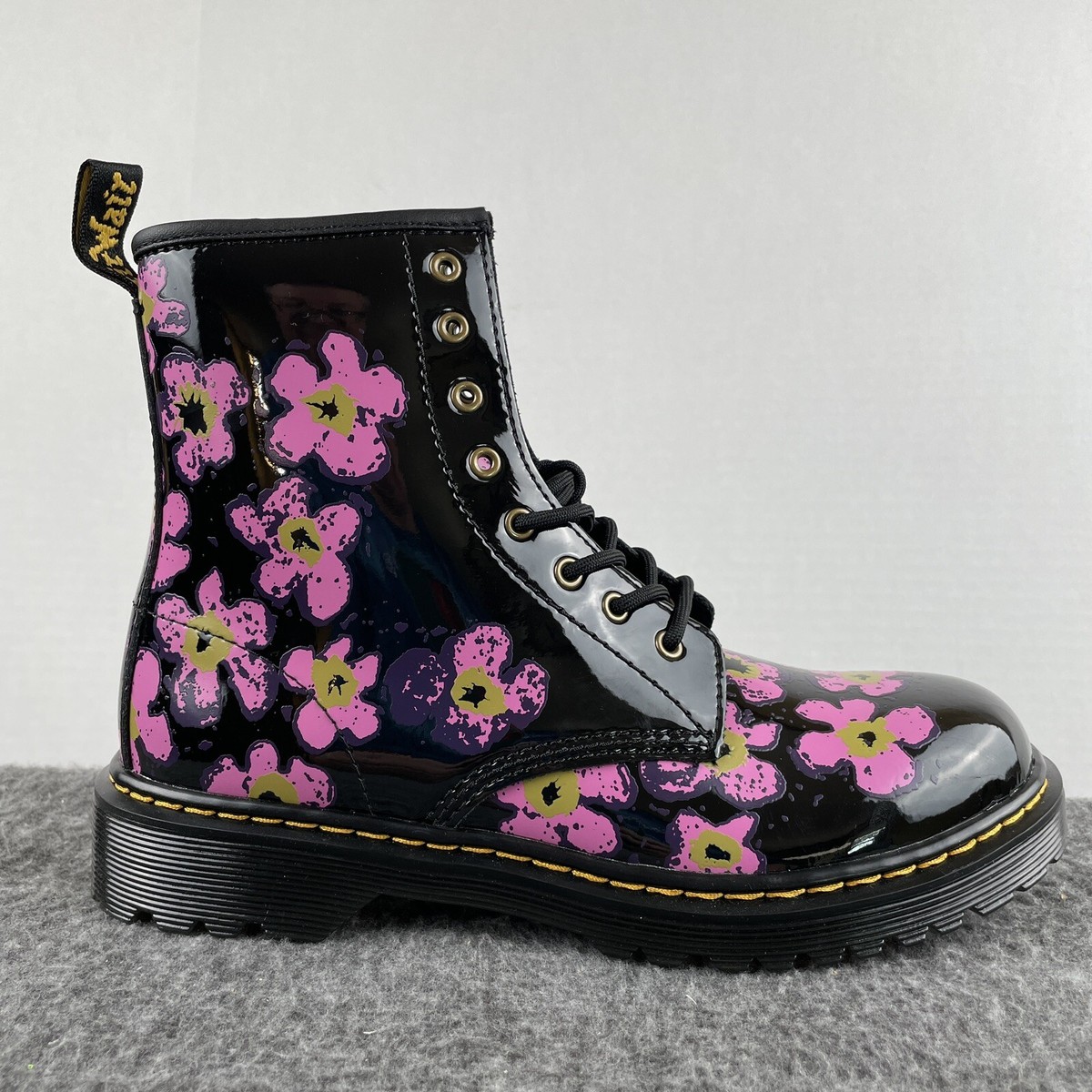 Dr. Martens Women's 1460Y Floral Black Pink Patent Leather Boots