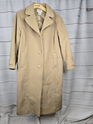 VTG LL Bean Long Trench Coat 100% LambsWool Khaki Women’s 16  Lined #J