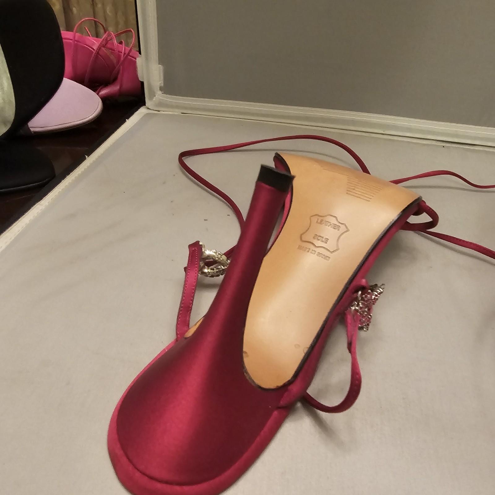 Stuart Weitzman Ruby Red Satin Gladiator 4" High … - image 16