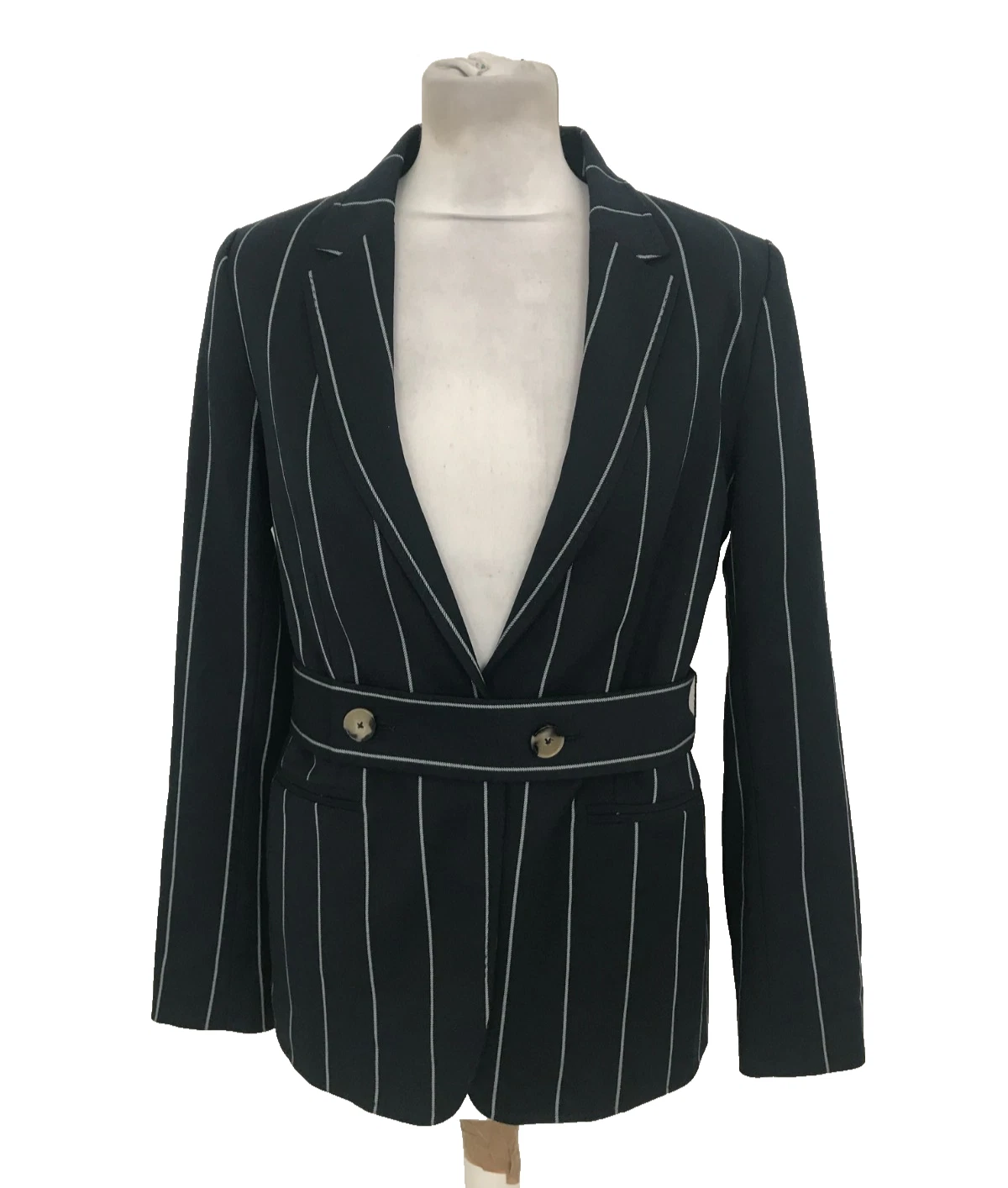 Caroll Paris Women's Blazer Size 10 Navy Pinstripe Belted Long Sleeve Used