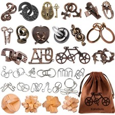 32 Pcs 3D Brain Teaser Puzzle Set - Wooden Metal IQ Games for Adults Kids, T