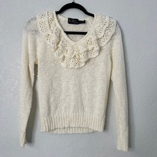 VTG Ivory Ruffle Lace Collar Sweater Romantic Cottagecore Coquette Pullover S