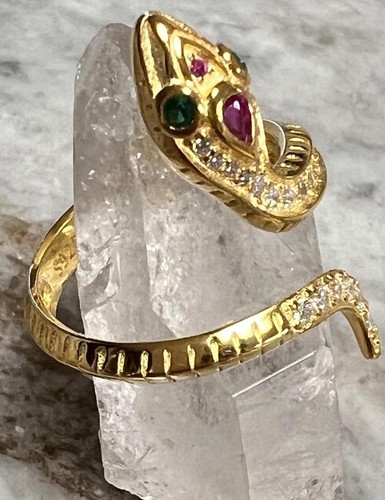 Genuine Ruby Diamond Emerald Coiled Snake Ring 14K Yellow Gold on solid 925 coil - Picture 2 of 16