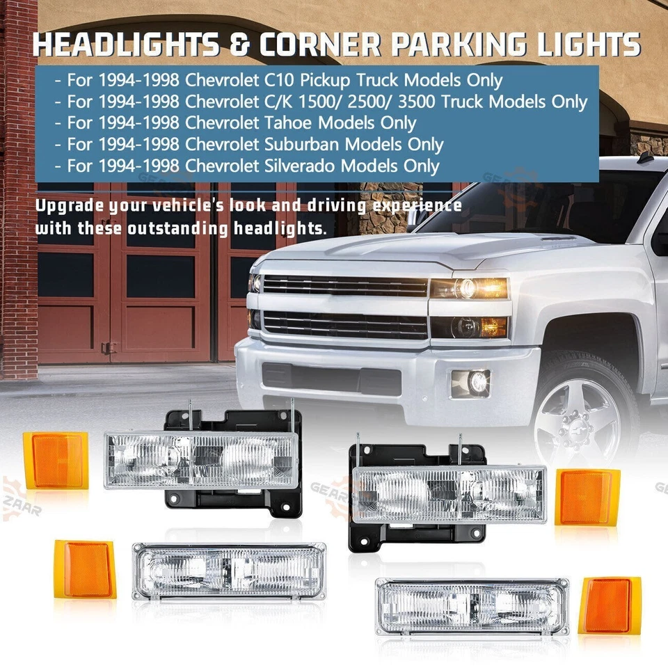 Headlights For 1994-1998 Chevy Silverado C10 C/K 1500 2500 3500 w/ Bumper Lamp * - Image 3 of 4