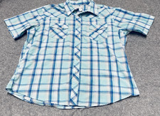 Wrangler Wrancher Shirt Mens XL Green Blue Plaid Pearl Snaps Short Sleeve Cowboy