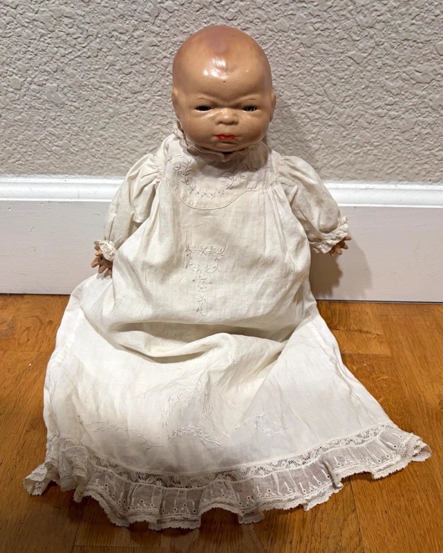 Antique Bye Lo Baby Doll, Green Eyes Cloth Body White Dress