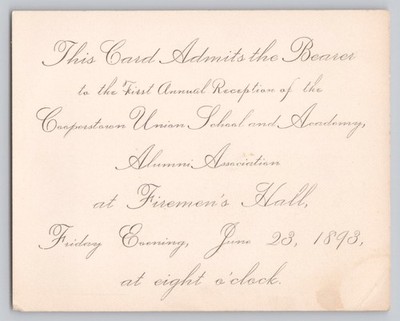 1893 Cooperstown New York Union School Academy Alumni Reception Admission Card 