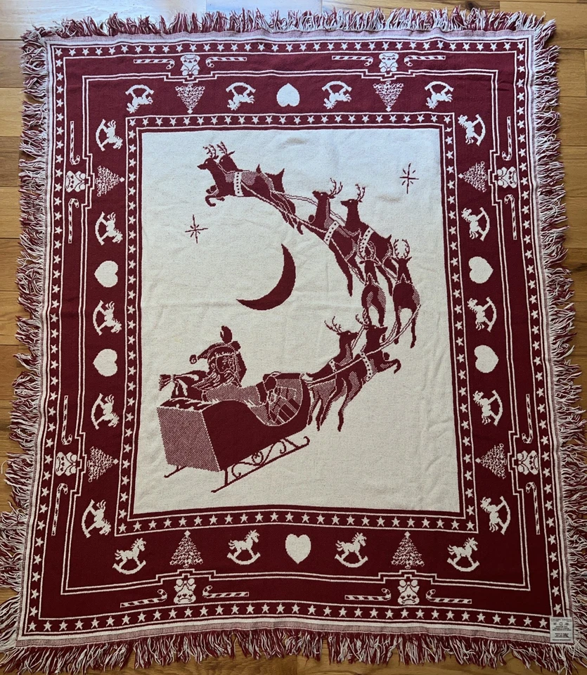 Manta de Navidad de Colección Tiro Rojo Blanco Tejido Santa Trineo Flecos Hecha en EE. UU. Foto 2 de 4