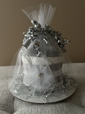 Silver & Sparkle Mini Diaper Cake w/ White Tulle Headband & Matching Socks
