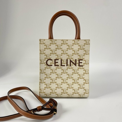Celine Triomphe Mini Vertical Cabas Tote White Monogram Tan Calfskin Top Handle