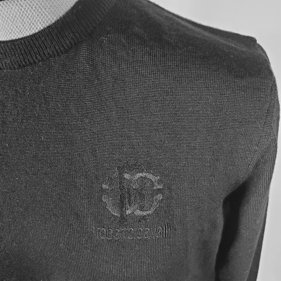 Suéter Roberto Cavalli Para Hombre Mediano Negro Lana Monograma Cuello Redondo Pullover Foto 2 de 4