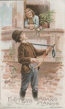 Victorian Advertising Card Estey Organs  Pianos Brattleboro VT Busker Scene