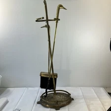 Brass Mallard Duck Head Fireplace 3 Tools Set + Stand Rare Bottom VTG Semi Brass