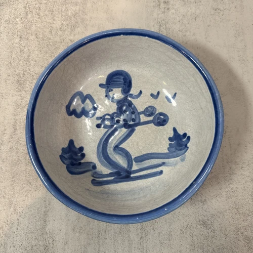 Vintage M.A. Hadley Signed Stoneware Pottery Bowl w/Skier Blue/Gray 5” Round