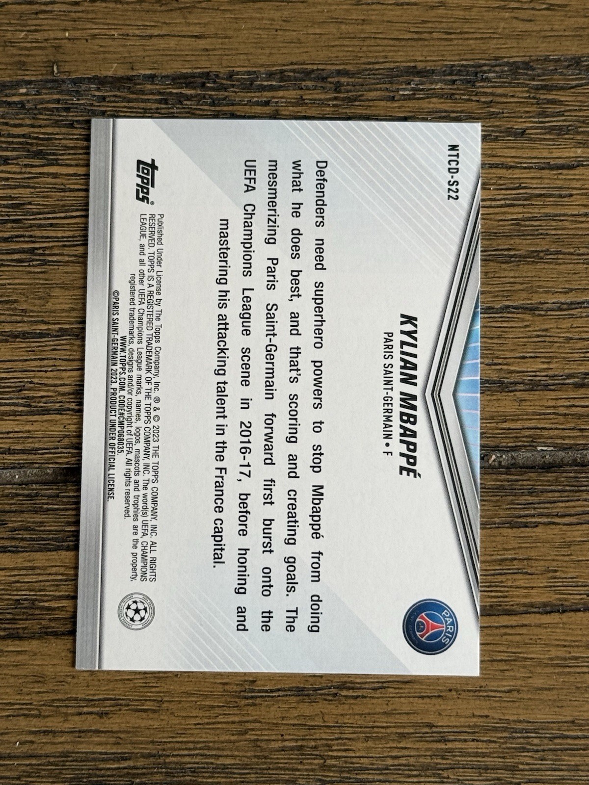2023 Topps International Trading Card Day UEFA UCL Kylian Mbappe NTCD-S22 view 2