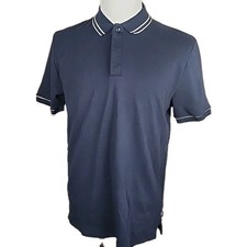 Hugo Boss Polo Shirt Mens Large Navy Blue Mercerised Striped Collar Cuffs