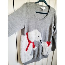 Motherhood Maternity Polar Bear Sweater Gray Holiday Fuzzy Large Wool Blend NEW