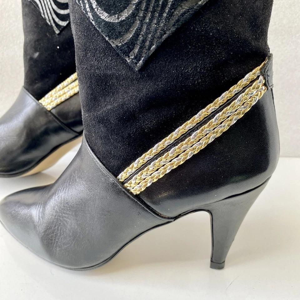 Botas Sheila E Cuero Negro Dorado Gamuza Talla US 7.5 Grecia Años 80 Gatito Tacón Disco Foto 3 de 4